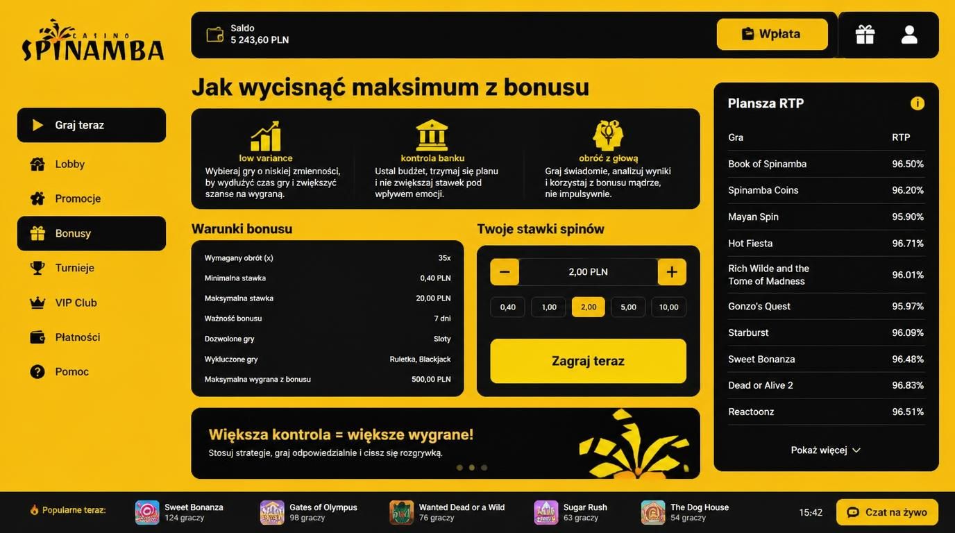 Interfejs Spinamba pokazujący ofertę bonusu i analityczne wskaźniki