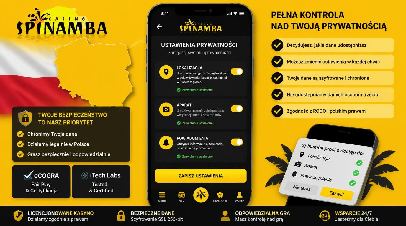 Ikony uprawnień, certyfikaty i lista kontrolna obrazująca uczciwość aplikacji Spinamba