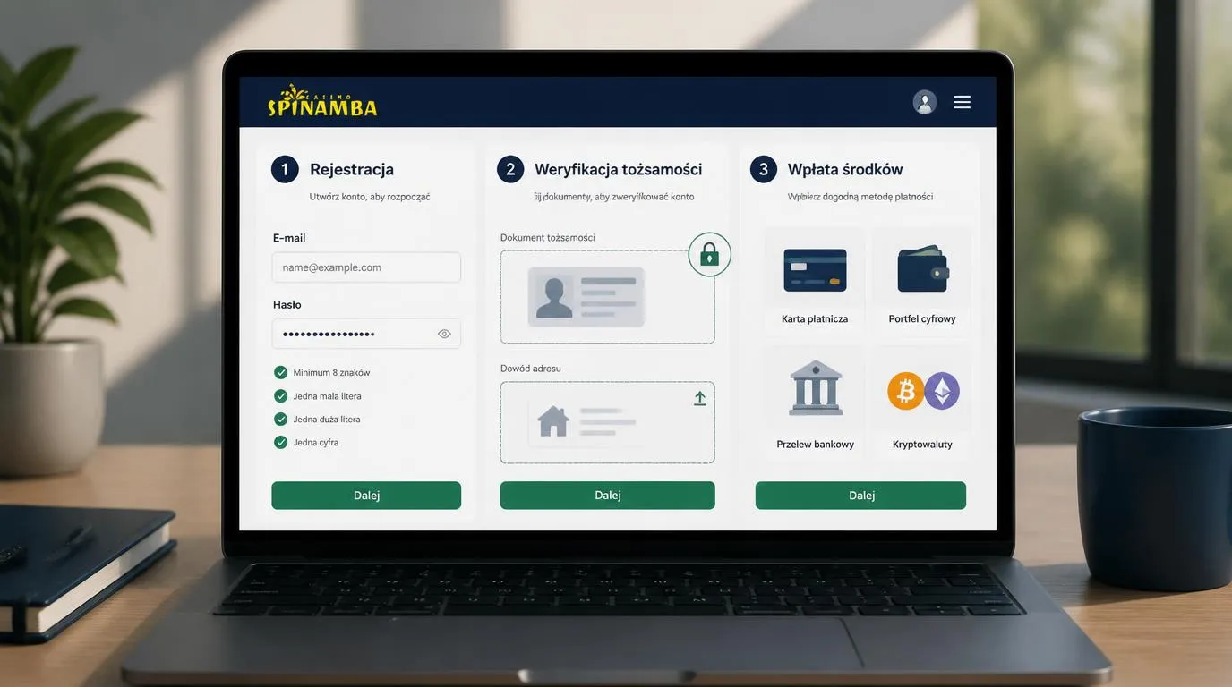 Panel rejestracji, przesyłania dokumentów KYC i wyboru płatności na ekranie laptopa