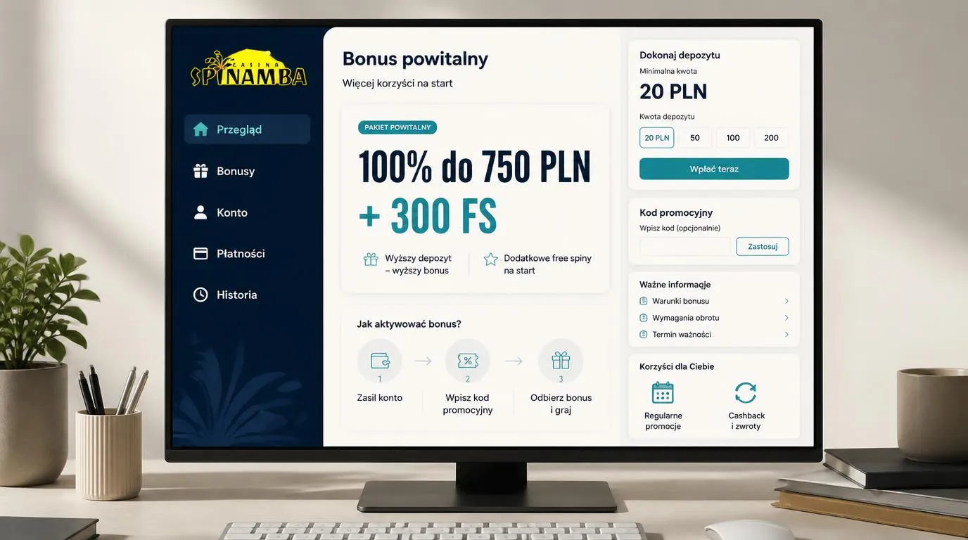 Panel bonusu powitalnego 100% do 750 PLN i 300 FS obok informacji o minimalnym depozycie 20 PLN