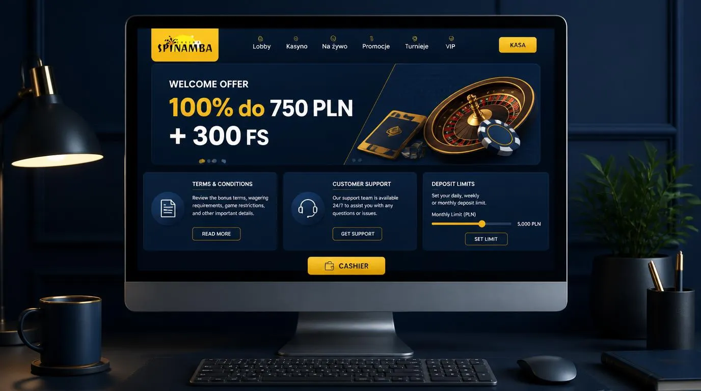 Ekran z ofertą 100% do 750 PLN i 300 FS oraz panelami regulaminu, obsługi klienta i limitów wpłat