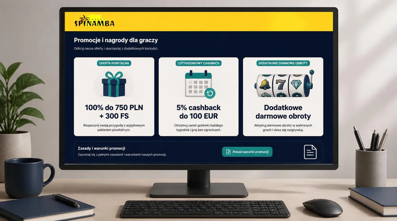 Panel promocji kasynowych z bonusem powitalnym, cashbackiem tygodniowym i darmowymi spinami