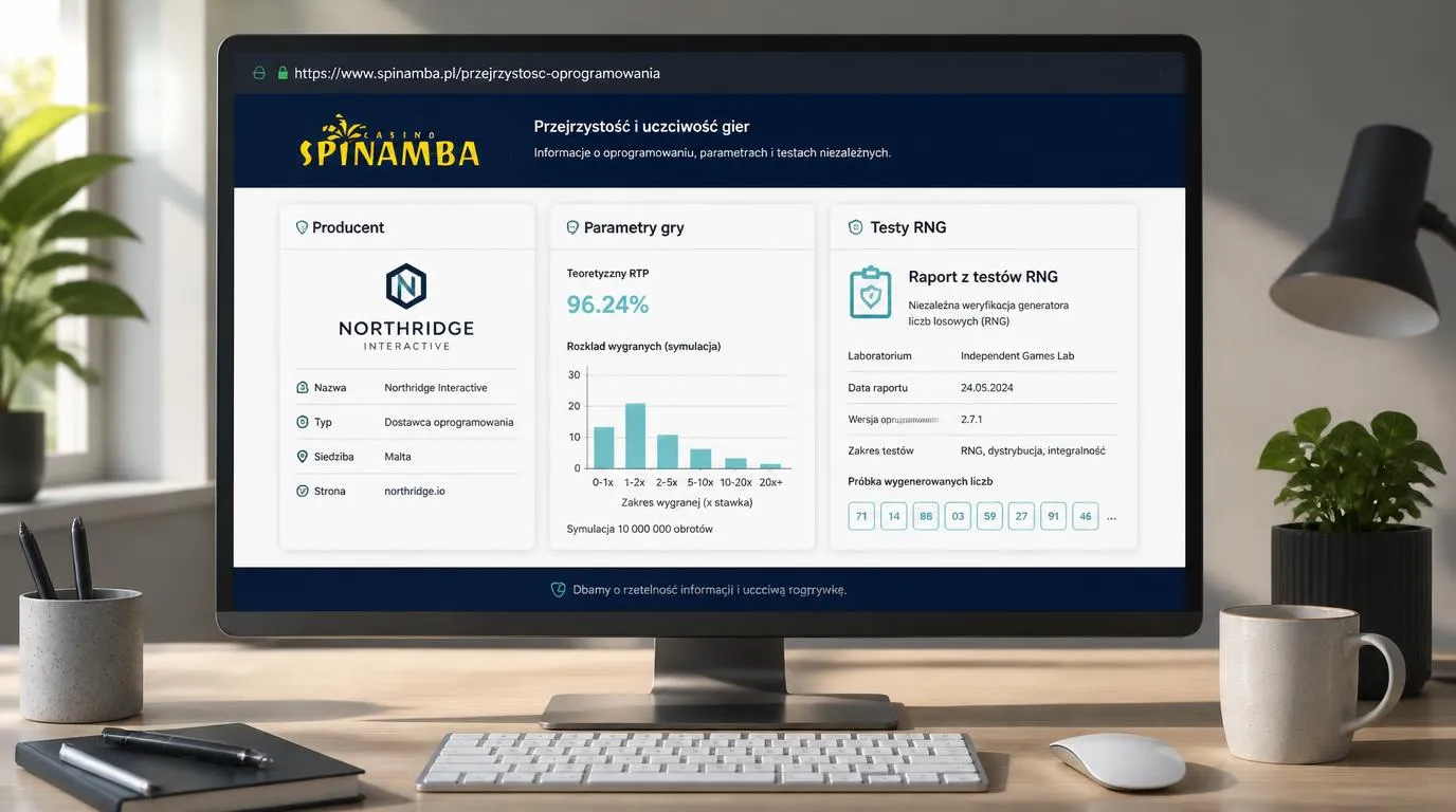Panel informacji o grze kasynowej z danymi producenta, parametrem RTP i dokumentacją testów RNG